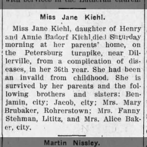 Jane Kiehl - obituary