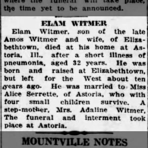 Obituary for ELAM WITMER