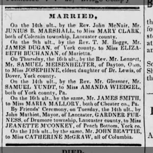 John Beattie Marries Catherine McGraw, Columbia, Pa
June 11, 1842, by Friends Ceremony