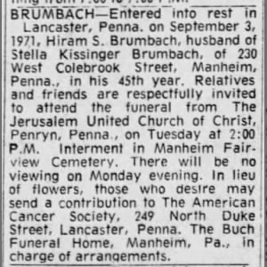 Hiram Shealer Brumbach funeral