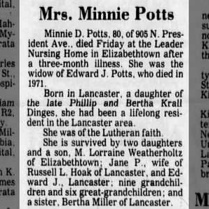Obituary for Minnie D. Potts